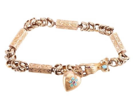 A Victorian bracelet, designed as a Byzantine link chain with ivy leaf pattern hexagonal bar links between, the clasp in the 