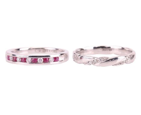 Two rings; a ruby and diamond half-eternity ring in 18ct white gold, channel-set with alternating circular-cut rubies and bri