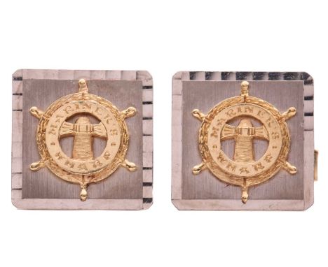 A pair of cufflinks of nautical interest, the square panels each applied with a helm motif engraved 'Mariner's Wharf', celebr