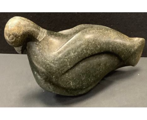 Francis Simone (Bn1967, Zimbabwe) Pigeon at Rest carved Springstone Serpentine sculpture, signed, 19cm high, 33cm long 