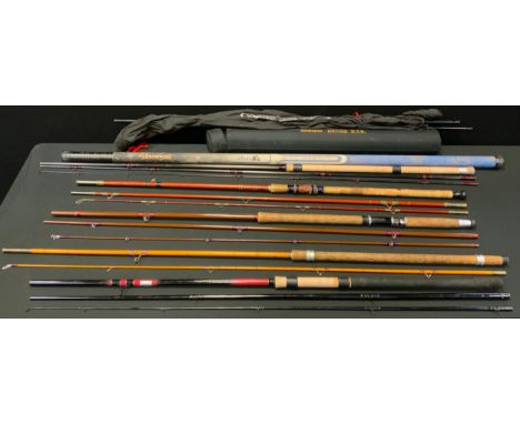 Fishing rods and equipment - an early Edgar Sealey 'Black Arrow' fishing rod;  a Hardy's 'Blank' rod;  Shimano Exage STC trav