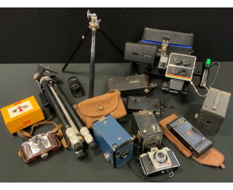 Cameras - a vintage Kodak 120 Brownie No2, blue case, cased; others Paxetts, Bencini Comet, Polaroid Mini Portrait quad lens 