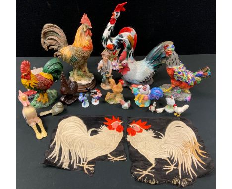 Cockerel Models - a cast iron door stop;  resin and ceramic cockerels;  etc 