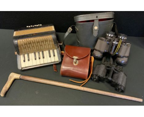 A Hohner TMA Mignon seventeen key accordion;  pair of Car Zeiss Jena 8 X 30 binoculars; walking stick etc 