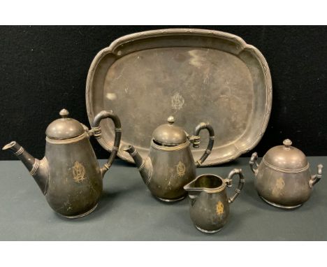An E.P.N.S four piece Christofle tea service, in the oriental manner, with faux bamboo handles and spout, tray ensuite, the c