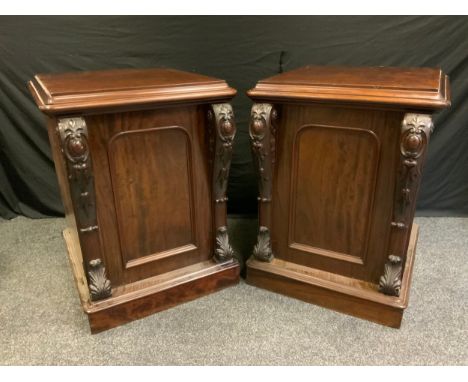 A pair of Victorian mahogany side cupboards, moulded rounded rectangular top above a panelled cupboard door enclosing a shelf