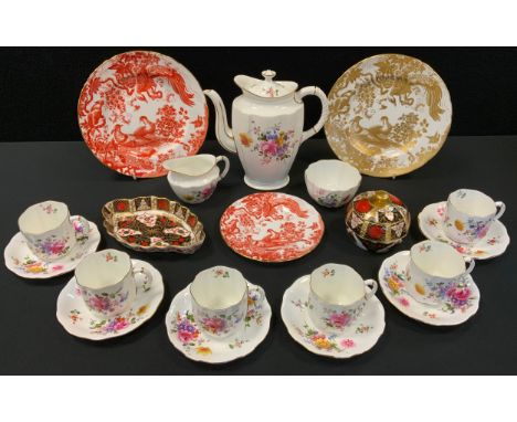 A Royal Crown Derby Posies pattern coffee service, for six;  Royal Crown Derby Gold Aves plate;  others, Red Aves;  Abbeydale