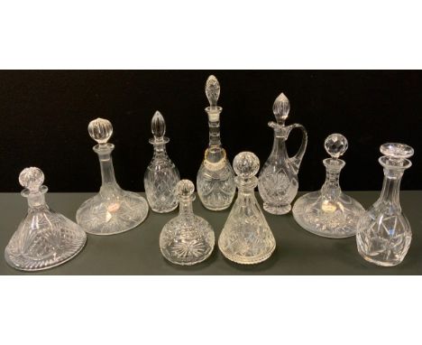 Glassware - cut glass ship's decanters and decanters, some with labels - Whiskey, Sherry, Port - and two with etching, 'Jagua