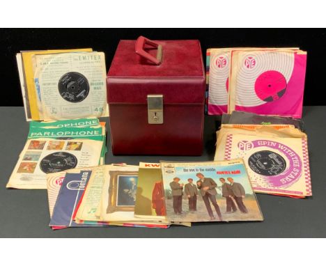 Vinyl singles in record case, 40+ including, The Kinks-Kwyet Kinks EP picture sleeve- Pye NEP24221, The Beatles-Long Tall Sal