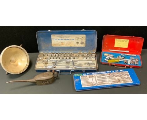 A vintage Lucas car head lamp;   an oil can, c.1930;  pre-metric 40 PC combination tap &amp; die set;  socket wrench set;  an