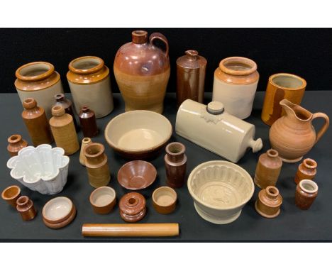 Kitchenalia &amp; Stoneware - a Shelley oval jelly molds; another swan top; salt glazed stoneware jars, bottles, ridged rolle