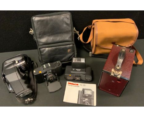 Camera equipment - A Minox 35 GT, with Minox TC 35 flash unit;  a Pentax digital spot-meter;  a Kodak No. 2 box brownie camer