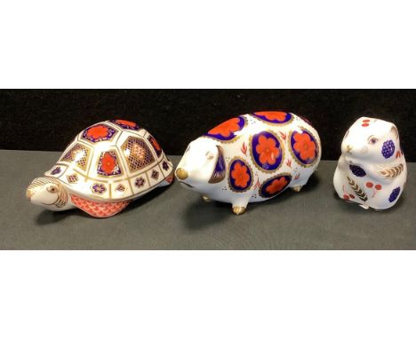 A Royal Crown Derby Pig paperweight;  others, Tortoise, Harvest Mouse, all with ceramic stoppers, all first quality (3) 