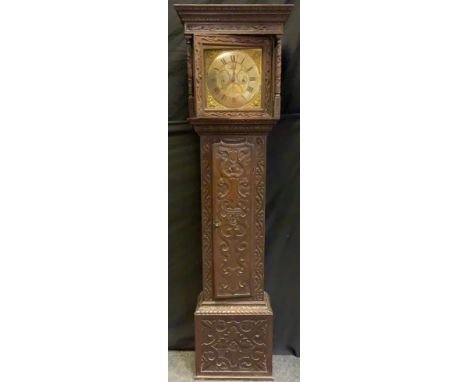 A George III oak longcase clock, the brass dial Emal Burton Kendal, Roman numerals, dummy win winding holes, 30 hour movement