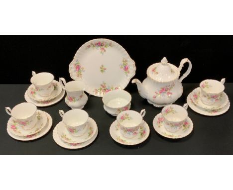 A Royal Albert`Moss Rose` pattern six setting tea service 