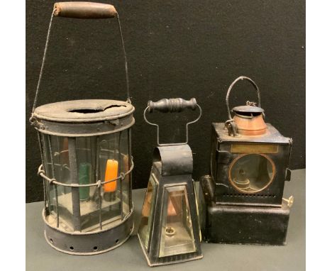 Railway Interest - an LNER Welsh patent lamp manufacturing &amp; Railway Supplies hand lamp, black case; a bird cage candle s