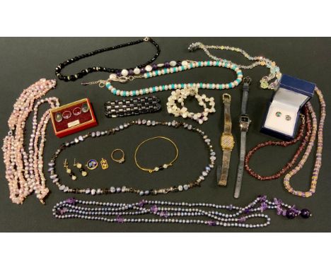 Jewellery &amp; Watches - a Raymond Weil 18ct gold plated wristwatch;  free form amethyst and quartz beads; others, amber, so
