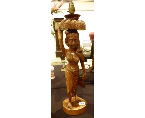 CARVED NUDE LAMP. Balinese carved figural nude lamp, H: 62 cm