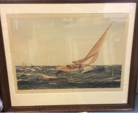 An oak framed and glazed print depicting a sailing boat in rough seas. Approx. 64 cms x 47 cms. Est. £20 - £30.