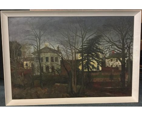 PATRICIA FISHWICK (British b.1929): A large framed oil on board entitled, ‘The Crescent, Exeter’, depicting a view of houses 