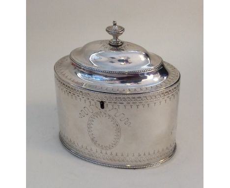 HESTER BATEMAN: A good quality boat shaped bright cut silver tea caddy with dome top. London 1790. Approx. 295 grams. Est. £1