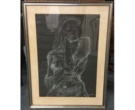 JOHN HUTTON (New Zealand / British 1906 – 1978): A framed and glazed chalk study of a nude lady on black paper entitled ‘Stud
