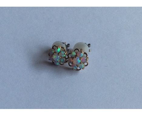 A pair of attractive opal cluster earrings in claw mounts. Approx. 2 grams. Est. £30 - £50.
