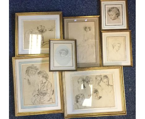 A selection of seven various framed and glazed pencil portrait sketches and prints. Est. £20 - £30. 