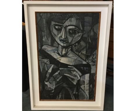 EWART JOHNS (British 1923 – 2013): A large framed portrait of a lady entitled. ‘Blue Portrait’, in bold greys and blue hues, 