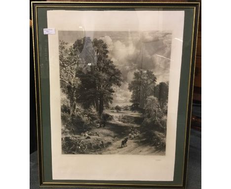 A large framed and glazed print by David Lucas depicting a John Constable farmland scene with trees and sheep. Approx. 57 cms