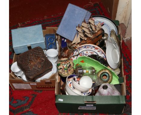 Two boxes of miscellaneous to include Crown Ming china tea service, carnival glass, studio pottery, Beswick leaf dish and jew