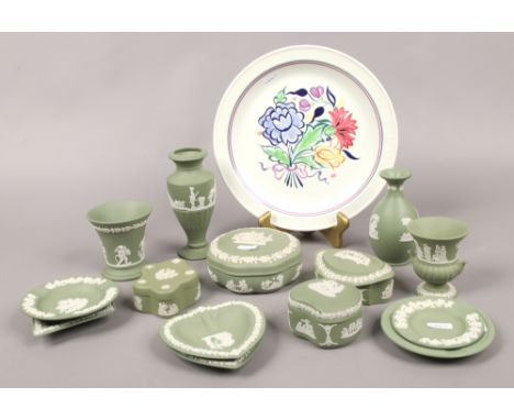 A Poole plate and a collection of green Wedgwood Jasperware to include vases, trinket dishes / boxes etc.