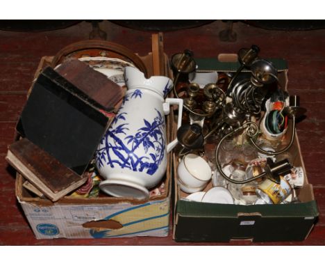 Two boxes of miscellaneous including T. Goode &amp; Co. Copelands china, Minton, Old Foley, novelty teapots and storage jars,