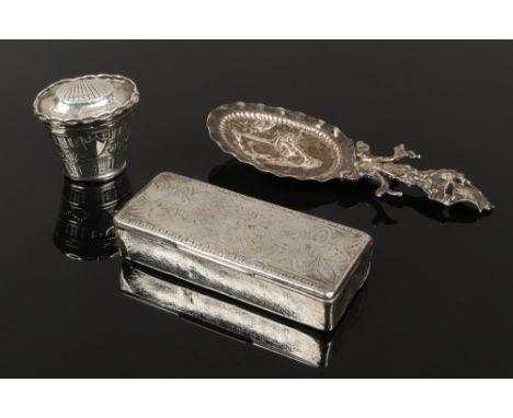 Three pieces of continental silver possibly Dutch, two boxes and a caddy spoon with ship and dolphin terminal, one box of rec