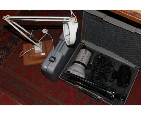 An angle poise lamp, tripod, cased telescope and a case of lighting equipment etc.