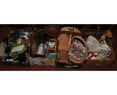 Four boxes of miscellaneous including silver plate, hand tools, wicker baskets, treen, blue and white, table lamps, ornaments