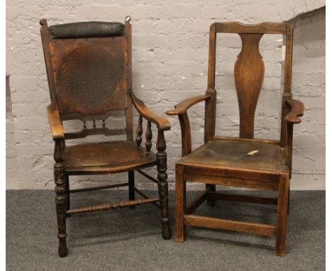 A vintage leather seat pegged and jointed arm chair, along with a Victorian turned leg example.