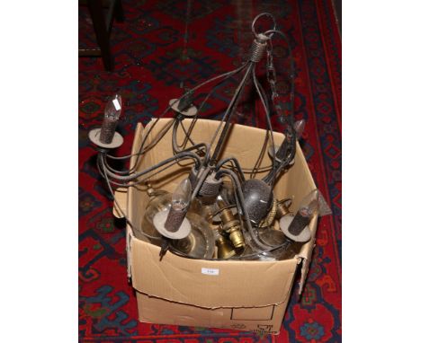 A box lot of various light fittings to include a mild steel five branch ceiling light, brass wall lights etc.