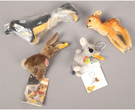 Four small Steiff soft animals to include sausage dog, deer, rabbit etc.