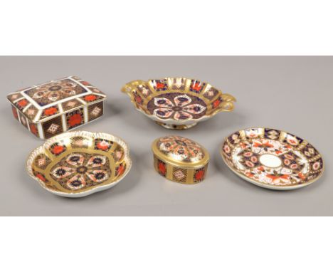 Four pieces of Royal Crown Derby and one similar dish to include trinket dishes, cigarette box etc.