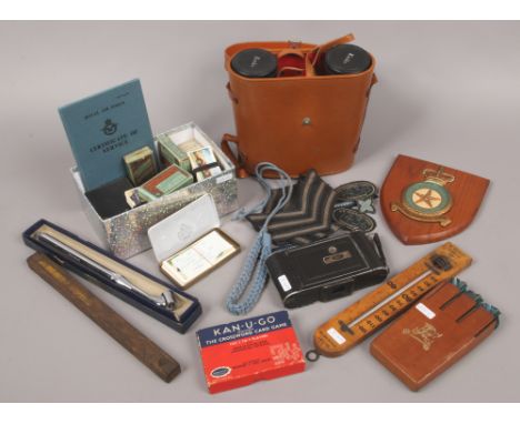 A group lot of collectables to include AGFA bellows pocket camera, Kenko binoculars, cigarette cards, vintage darts etc.