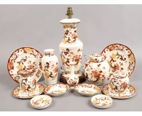 A collection of Masons ceramics in The Brown Velvet design to include table lamp, vases, jug, plates, trinket dishes etc.