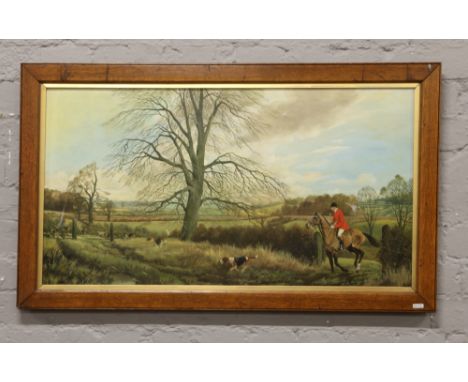 An oak framed oil on canvas hunting scene, unsigned 47cm x 88cm.