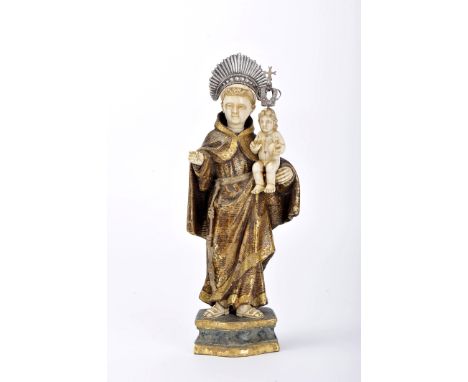 Saint Anthony with the Child Jesus, Saviour of the World, wood sculpture, ivory head, hands, feet and Child Jesus, silver att