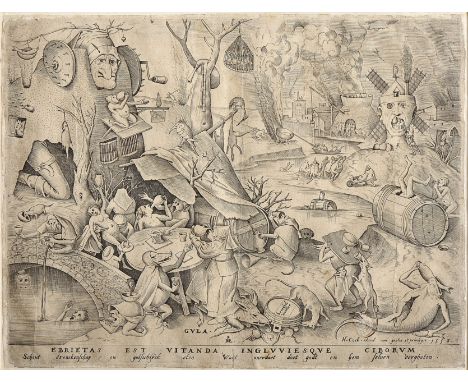 ENGRAVING.- PIETER BRUEGHEL, THE OLD., Gvla [Gluttony], Original copperplate engraving, by the Flemish engraver Pieter ven de