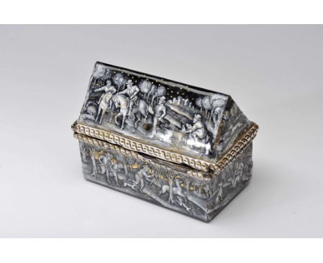 A pyramidal cover casket, fully coated copper with Limoges enamel, gilt decoration en grisaille "Hunting scenes", burgundy ve