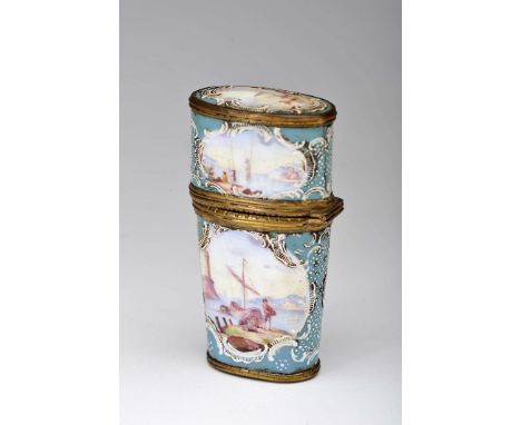 A vanity case, enameled blue and white metal, polychrome decoration en relief "Figures at sea port", metal rims en relief, in