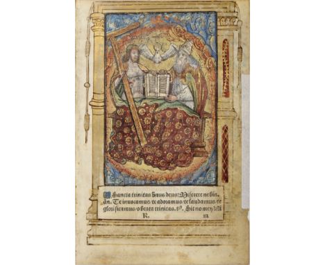 MINIATURES.- Two hand-illuminated woodcuts, belonging to an unidentified “Book of Hours”, printed on parchment, probably publ
