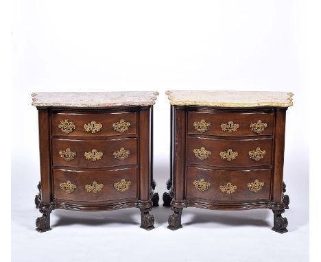 A pair of demilune chest of drawers, walnut, cylindrical columns, carved feet, gilt bronze mounts en relief, marble tops, Por