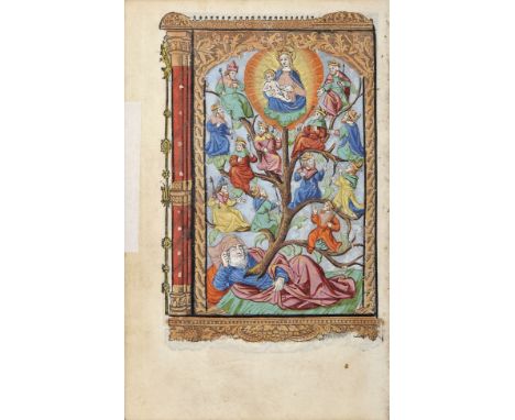 MINIATURE.- TREE OF JESSE.- Hand-illuminated woodcut, belonging to a “Book of Hours”, printed on parchment, probably publishe